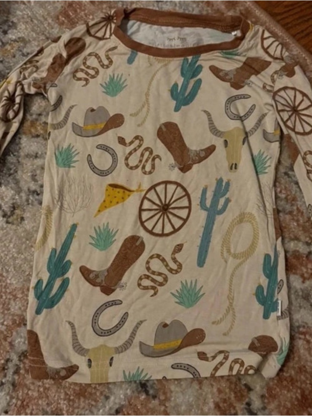 Little Sleepies Western Cowboy Print Long Sleeve Top - Cream & Teal & Brown